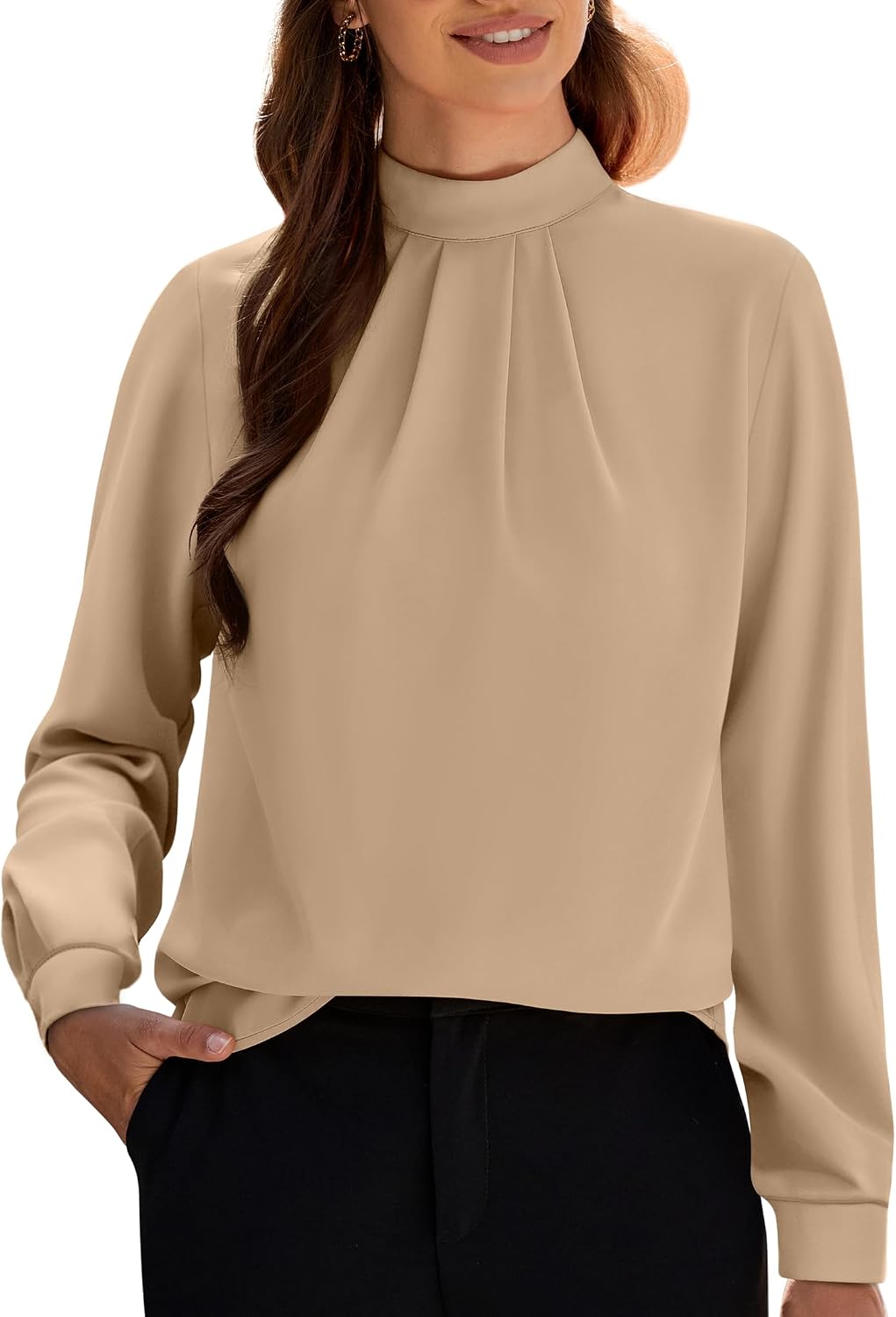 Women's Long Sleeve Tops Dressy Casual Mock Neck Work Blouse Fall Trendy Front Pleated Tunic Chiffon Shirts