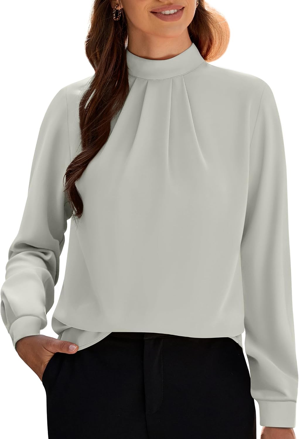Women's Long Sleeve Tops Dressy Casual Mock Neck Work Blouse Fall Trendy Front Pleated Tunic Chiffon Shirts