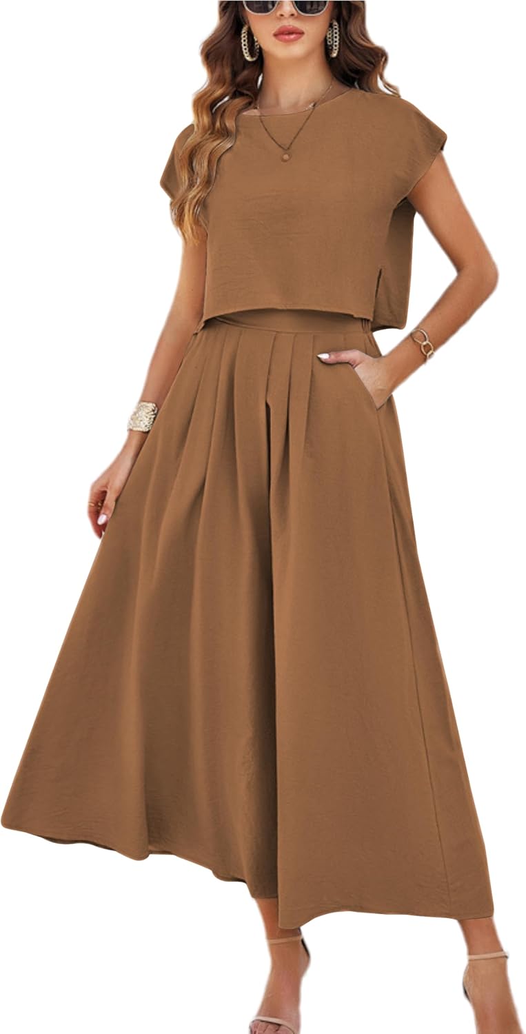 Summer Skirt Sets Women 2 Piece Outfits Cap Sleeve Top Elastic Waist Maxi Dress Sets with Pockets