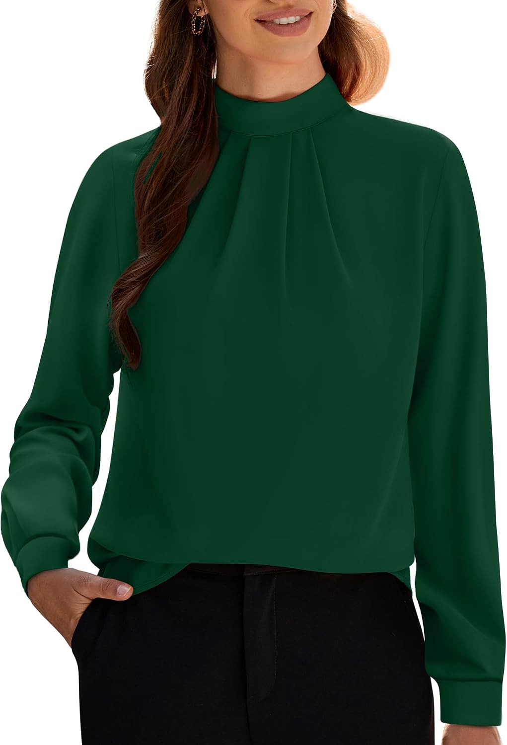 Women's Long Sleeve Tops Dressy Casual Mock Neck Work Blouse Fall Trendy Front Pleated Tunic Chiffon Shirts