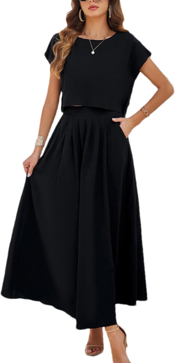 Summer Skirt Sets Women 2 Piece Outfits Cap Sleeve Top Elastic Waist Maxi Dress Sets with Pockets