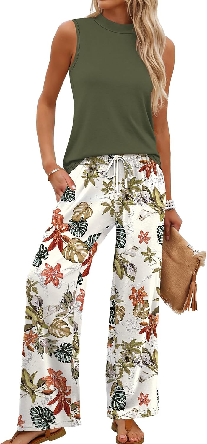 Two Piece Set for Women Summer Spring Outfits Cruise Travel Airport Beach Vacation Mock Neck Wide Leg Pants Set