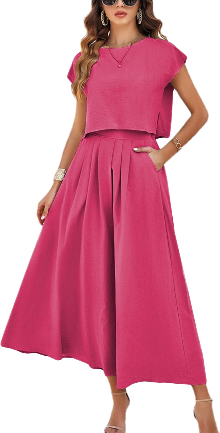 Summer Skirt Sets Women 2 Piece Outfits Cap Sleeve Top Elastic Waist Maxi Dress Sets with Pockets