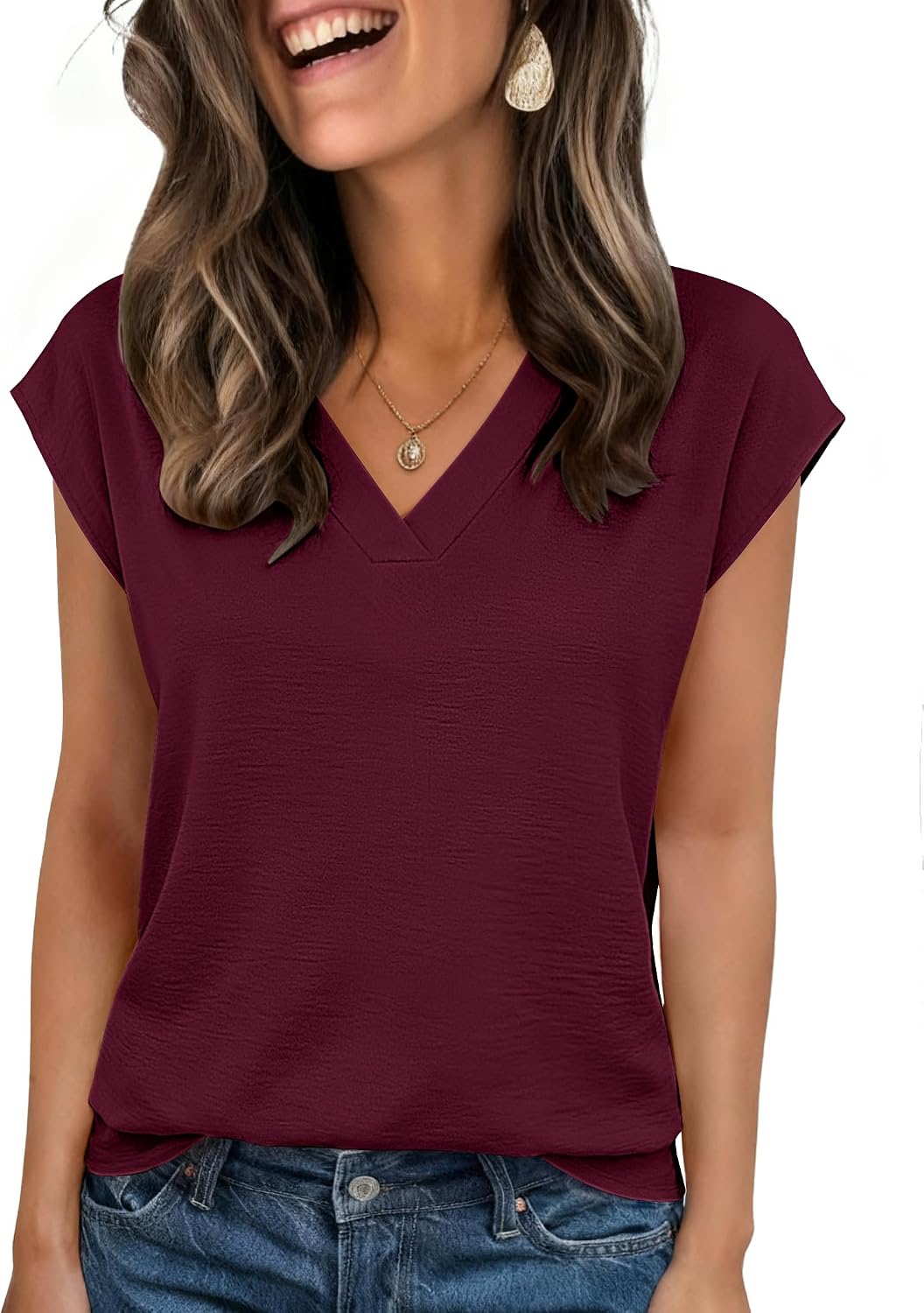 Womens Tops Cap Short Sleeve Textured Blouse V Neck Summer Spring Shirts Business Casual Outfits