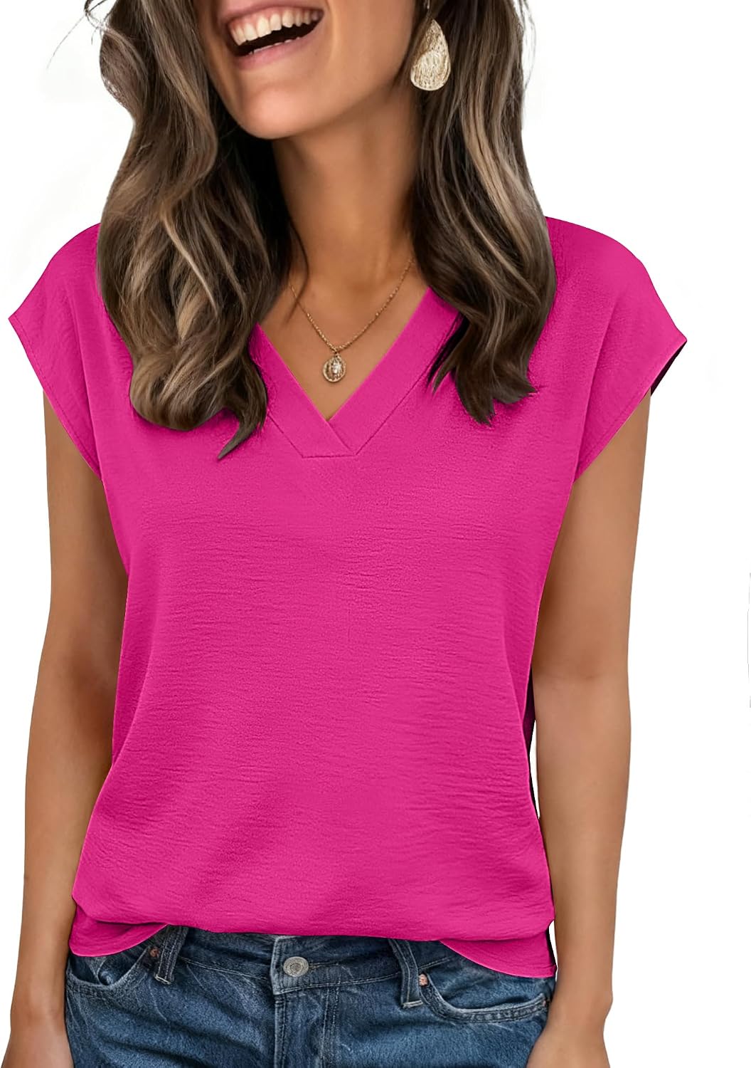 Womens Tops Cap Short Sleeve Textured Blouse V Neck Summer Spring Shirts Business Casual Outfits