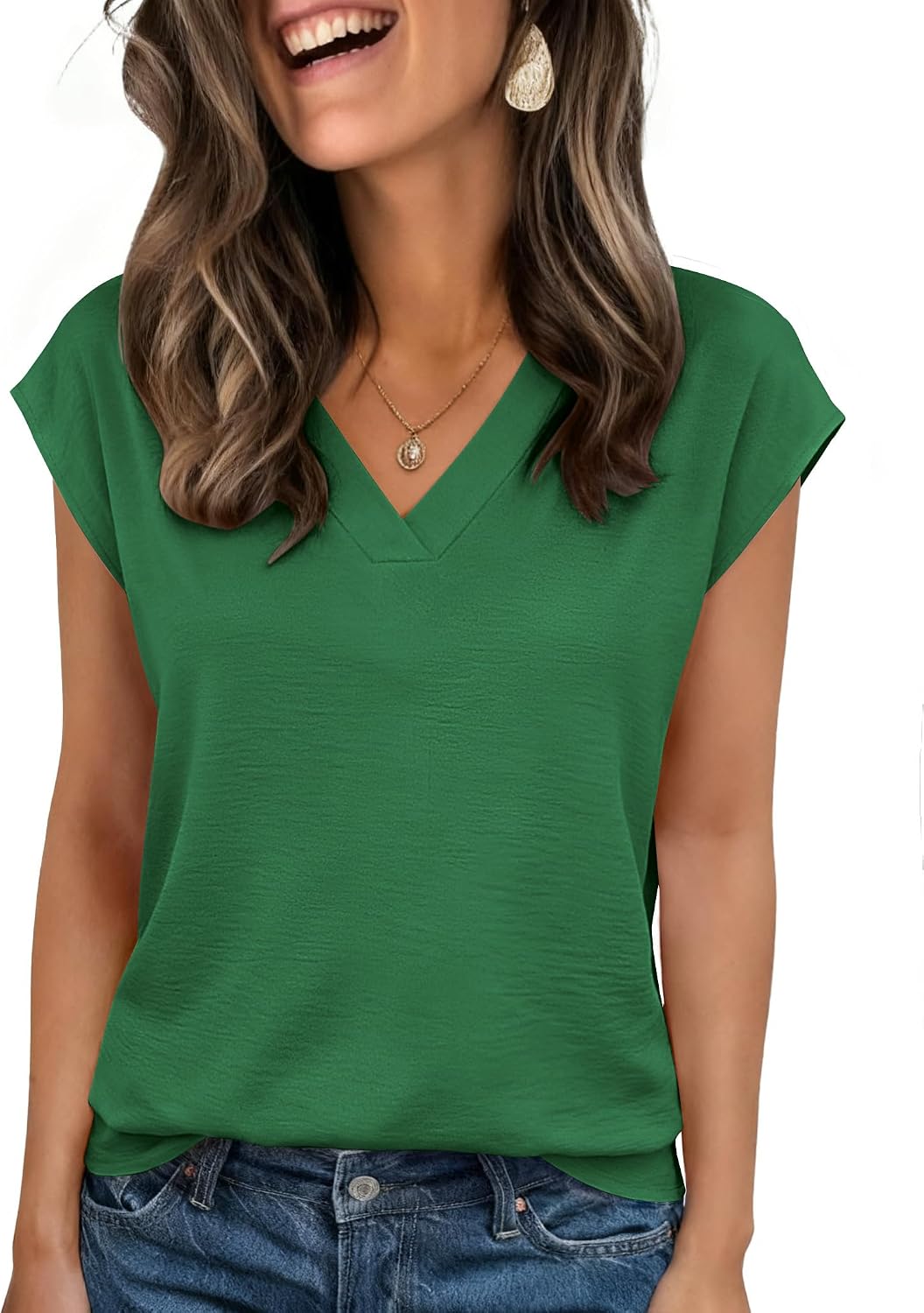 Womens Tops Cap Short Sleeve Textured Blouse V Neck Summer Spring Shirts Business Casual Outfits