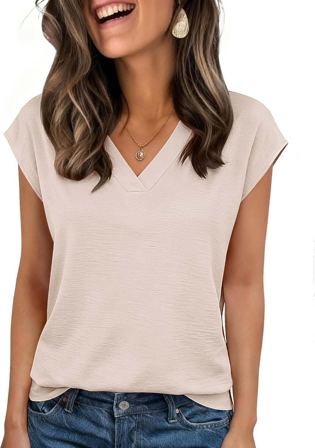 Womens Tops Cap Short Sleeve Textured Blouse V Neck Summer Spring Shirts Business Casual Outfits