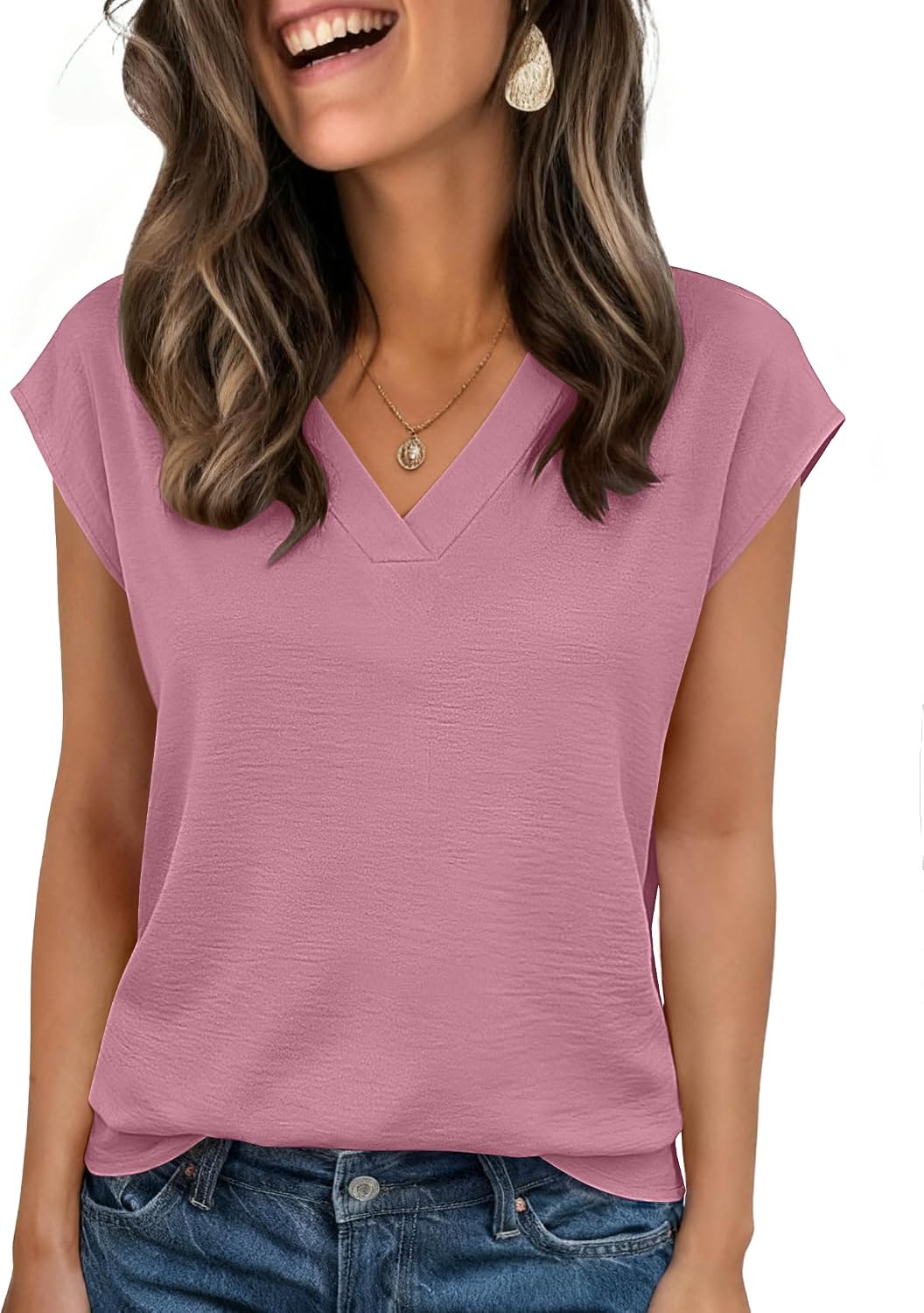 Womens Tops Cap Short Sleeve Textured Blouse V Neck Summer Spring Shirts Business Casual Outfits