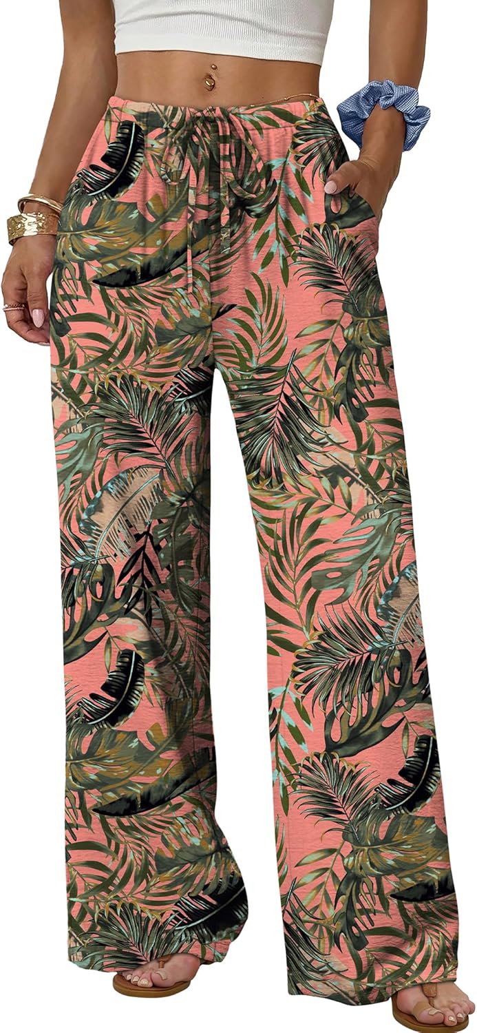 Sampeel Wide Leg Pants for Women Flowy Palazzo Drawstring Elastic Waist Trousers with Pockets Summer Beach Vacation Clothes