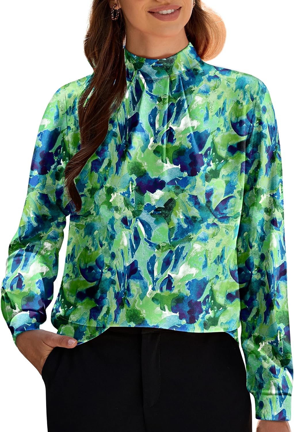 Women's Long Sleeve Tops Dressy Casual Mock Neck Work Blouse Fall Trendy Front Pleated Tunic Chiffon Shirts