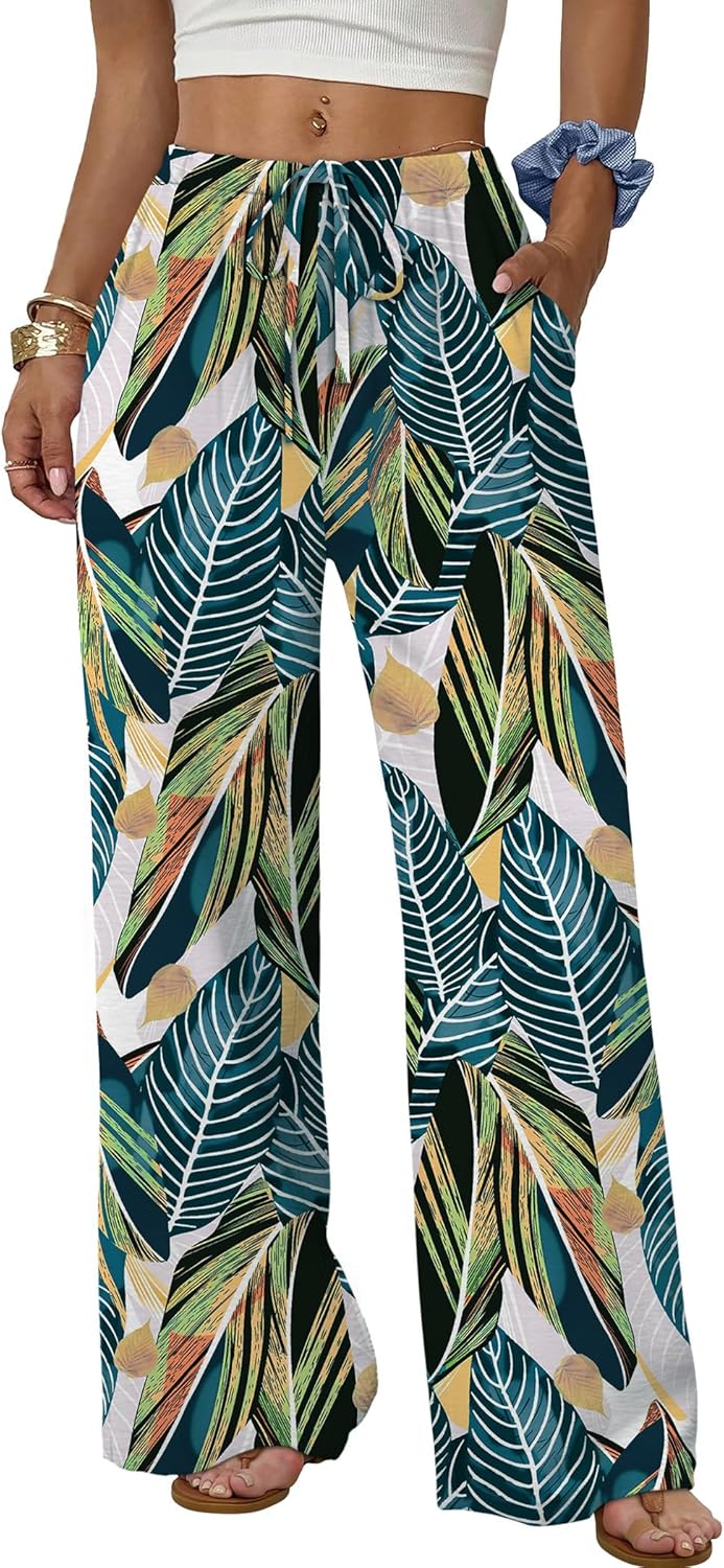 Sampeel Wide Leg Pants for Women Flowy Palazzo Drawstring Elastic Waist Trousers with Pockets Summer Beach Vacation Clothes
