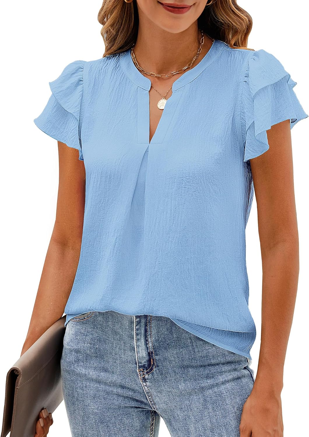 Womens Business Casual Tops Ruffle Short Sleeve V Neck Flowy Dressy Summer Blouses Shirts