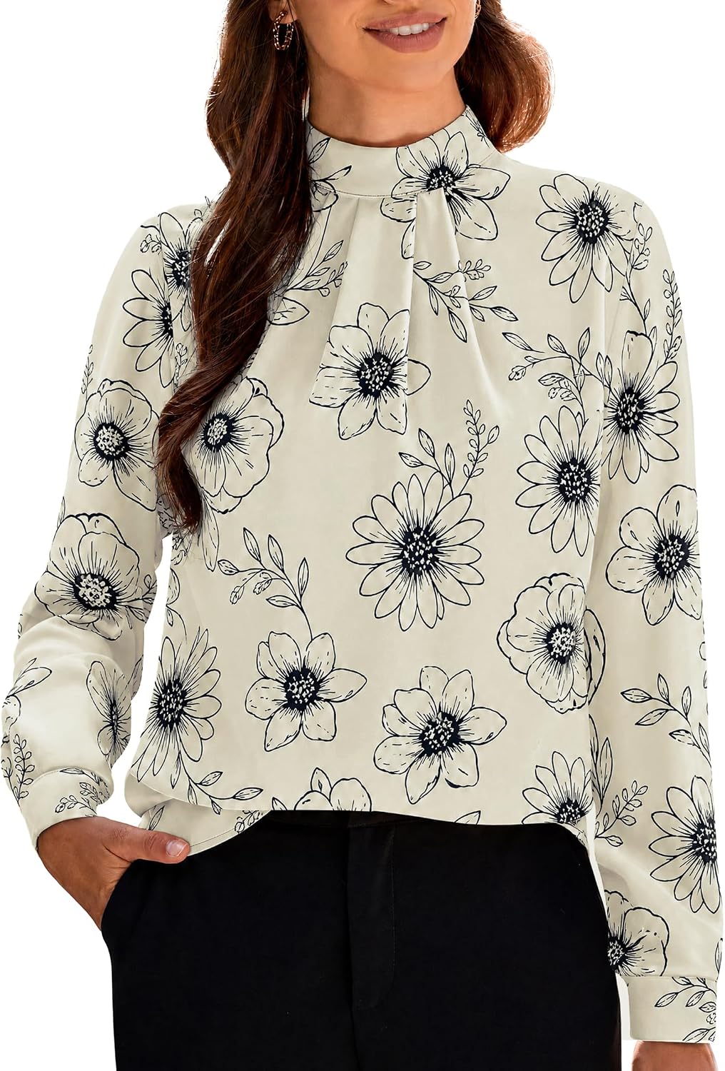Women's Long Sleeve Tops Dressy Casual Mock Neck Work Blouse Fall Trendy Front Pleated Tunic Chiffon Shirts